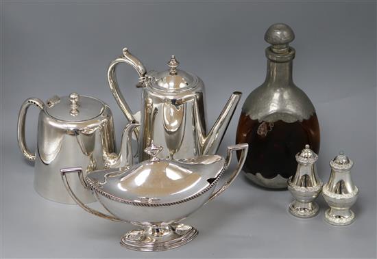 A Georgian silver salt (a.f.), a Royal Holland pewter-mounted amber glass decanter, an Elkington plated coffee pot and sundry plate